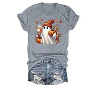 Camisetas de verano para mujer, camiseta de Halloween estampada, cuello redondo, manga corta, informal, camiseta de manga corta, informal, holgada, verano, blusa, 2025, nueva mujer, 04a-ceniza ligera