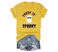 Camisetas de verano para mujer, camiseta de Halloween estampada, cuello redondo, manga corta, informal, camiseta de manga corta, informal, holgada, verano, blusa, 2025, nueva mujer, 01a-amarillo, S