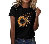 Camisetas de verano para mujer, con estampado de girasol, mariposa, cuello redondo, manga corta, camisetas casuales, Negro, XXXL