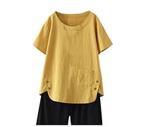 Camisetas de verano para mujer, de manga corta, cuello redondo, con botones, dobladillo desigual, con bolsillo, básica, casual, holgada, lisa, color liso, blusa ligera, amarillo, L