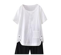 Camisetas de verano para mujer, de manga corta, cuello redondo, con botones, dobladillo desigual, con bolsillo, básica, casual, holgada, lisa, color liso, blusa ligera, blanco, 3XL