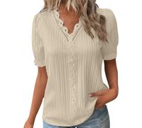 Camisetas de Verano para Mujer, diseño Elegante de Encaje con Burbujas Huecas, de algodón, Ajuste clásico, Manga Corta, Blusa, Talla Grande, Beige, L