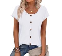 Camisetas de verano para mujer, estilo informal, de manga corta, con botones, blancas, cuello en U, cuello en V, camisetas de moda, trajes de verano para mujer, Reino Unido, blanco, S