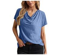 Camisetas de verano para mujer, holgadas, con cuello drapeado, elegante, fruncida, elástica, de manga corta, color liso, Azul 2, M
