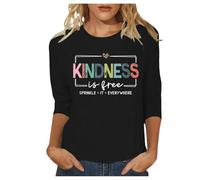 Camisetas de verano para mujer, manga 3/4, holgadas, informales, holgadas, con letras bonitas, con cuello redondo, para mujer, Negro, XL