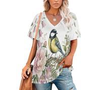 Camisetas de Verano para Mujer Racimos De Pequeñas Flores para Pájaros T-Shirt Camisa Manga Corta Cuello en V Acuarela Fresca Top Basica de Transpirable y Relajada para Diario S-5XL