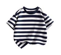 Camisetas de verano para niños y niñas 110, cuello redondo camiseta de manga corta a rayas a rayas cómodas tops, niño transpirable disfraz multicolor rayas impresión camisetas ropa 2-12 años, marine