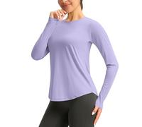 Camisetas de verano y otoño, de manga larga, con banda elástica para el pulgar, estilo informal, ajustada, para entrenamiento, pesca, senderismo, para mujer, Morado (, XXL