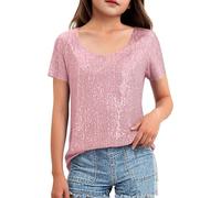 Camisetas deportivas para niñas, cuello redondo con cuentas de lentejuelas, manga corta, estilo europeo y americano, camisa de lentejuelas bidireccionales (rosa, 8-9 años)