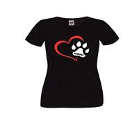 Camisetas Divertidas Corazon con Huella de Perro y Nombre (escribe el Nombre Que desees Tras Realizar el Pedido en información del Pedido) - para Mujer Camisetas Talla XXL Color Negro