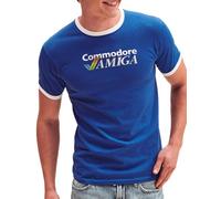 Camisetas EGB Camiseta Cuello Blanco Commodore Amiga Ochenteras 80´s Retro Comic Tallas Especiales (Azul, L)