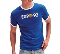 Camisetas EGB Camiseta Cuello Blanco EXPO-92 Sevilla - Ochenteras 80´s Retro Comic Tallas Especiales (Azul, 3XL)