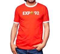 Camisetas EGB Camiseta Cuello Blanco EXPO-92 Sevilla - Ochenteras 80´s Retro Comic Tallas Especiales (Rojo, XL)