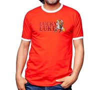 Camisetas EGB Camiseta Cuello Blanco Lucky Luke Ochenteras 80´s Retro Comic Tallas Especiales (Rojo, XL)