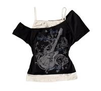 Camisetas Emo Grunge para mujer - Camiseta vintage Y2K falsa de 2 piezas con gráfico de guitarra, camiseta gótica estética de manga corta, camiseta de estilo alternativo de verano punk Harajuku con