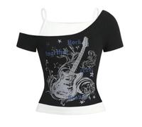 Camisetas Emo Grunge para mujer Vintage sin mangas con gráfico de guitarra Y2K Falsa 2 piezas Camiseta gótica estética de manga corta sin mangas Crop Top Streetwear Punk Verano Harajuku, O negro., S