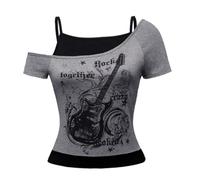 Camisetas Emo Grunge para mujer Vintage sin mangas con gráfico de guitarra Y2K Falsa 2 piezas Tee gótico Estético manga corta sin hombros Crop Top Streetwear Punk Verano Harajuku, O gris., M