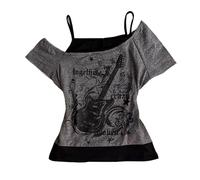 Camisetas para mujer Emo Grunge - Vintage Y2K Fake 2 piezas Guitarra Gráfica Bebé Tee Gótico Estética Manga Corta Hombro Descubierto Crop Top Alt Streetwear Punk Verano Harajuku, gris, L