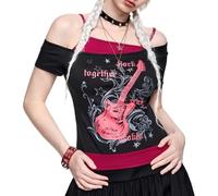 Camisetas para mujer Emo Grunge - Vintage Y2K Fake 2 piezas Guitarra Gráfica Bebé Tee Gótico Estética Manga Corta Hombro Descubierto Crop Top Alt Streetwear Punk Verano Harajuku, rosso, S