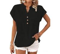 Camisetas Gimnasio Mujer Camisa Informal Femenina de Manga Corta con diseño de Botones y Tejido Mezcla Lino en Corte Relajado para un Estilo Retro Elegante (Black, XXL)