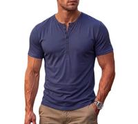 Camisetas Henley de Manga Corta para Hombre Casual T-Shirts Slim Fit Botón Cuello en V Suave Elástico T-Shirt Básico,Marina,L
