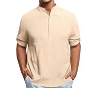 Camisetas Henley para hombre, camisetas de manga corta de lino y algodón con cuello en V, cómoda camiseta de manga corta con botones, estilo casual de verano, camisa de playa suelta ligera, caqui, XL