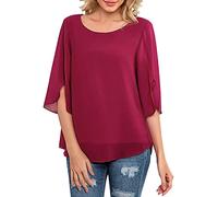 Camisetas holgadas para hombre y mujer, manga media dividida, doble capa, de gasa, cuello redondo, ajuste regular, elegante e informal, Vino, L