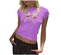 Camisetas informales de moda para mujer, cuello redondo, manga corta, corte estrecho, 80 años, morado, S