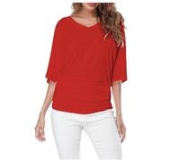 Camisetas Manga Corta Mujer Camiseta Holgada con Murciélago Y Cuello En V para Tops Talla Grande Dobladillo Doblado Dia De La Madre Originales (RD1, XL)