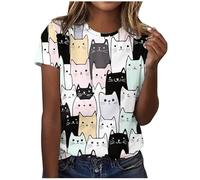 Camisetas Manga Corta Mujer,Camiseta Mujer con Estampado de Gato Adorable Básico Cuello Redondo Blusa Holgado Cómodo Top T-Shirt Casual Camiseta Deporte Ligera Básico Diario tee Ropa Verano Rebajas