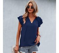 Camisetas Manga Corta Mujer, Camisetas De Mujer Azul Marino Sólido Con Cuello En V Corbata En Capas Puños Con Volantes Elegante Blusa De Manga Corta De Verano Para Mujer Tops Sueltos Camiseta Cami