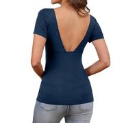 Camisetas Manga Corta Mujer Cuello Cuadrado con Espalda Descubierta Blusas Mujer Verano Elegantes Corte Ajustado Top Sexy Moda Casual Y2K Azul Marino L