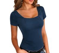 Camisetas Manga Corta Mujer Cuello Cuadrado con Espalda Descubierta Blusas Mujer Verano Elegantes Corte Ajustado Top Sexy Moda Casual Y2K Azul Marino S
