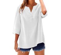 Camisetas Manga Corta Mujer de Algodón y Lino con Botones Primavera Verano Moda Color sólido Blusa Cuello en V Camiseta Casual Shirts con Bolsillo Fiesta Tops Cómoda-1
