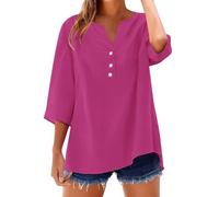 Camisetas Manga Corta Mujer de Algodón y Lino con Botones Primavera Verano Moda Color sólido Blusa Cuello en V Camiseta Casual Shirts con Bolsillo Fiesta Tops Cómoda-1