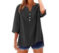 Camisetas Manga Corta Mujer de Algodón y Lino con Botones Primavera Verano Moda Color sólido Blusa Cuello en V Camiseta Casual Shirts con Bolsillo Fiesta Tops Cómoda-1