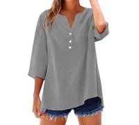 Camisetas Manga Corta Mujer de Algodón y Lino con Botones Primavera Verano Moda Color sólido Blusa Cuello en V Camiseta Casual Shirts con Bolsillo Fiesta Tops Cómoda-1