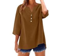 Camisetas Manga Corta Mujer de Algodón y Lino con Botones Primavera Verano Moda Color sólido Blusa Cuello en V Camiseta Casual Shirts con Bolsillo Fiesta Tops Cómoda-1