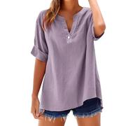 Camisetas Manga Corta Mujer de Algodón y Lino con Botones Primavera Verano Moda Color sólido Blusa Cuello en V Camiseta Casual Shirts Trabajo-1