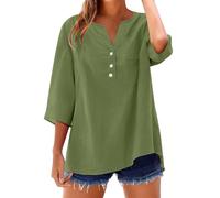 Camisetas Manga Corta Mujer de Algodón y Lino con Botones Primavera Verano Moda Color sólido Blusa Cuello en V Camiseta Casual Shirts con Bolsillo Fiesta Tops Cómoda-1