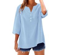 Camisetas Manga Corta Mujer de Algodón y Lino con Botones Primavera Verano Moda Color sólido Blusa Cuello en V Camiseta Casual Shirts con Bolsillo Fiesta Tops Cómoda-1
