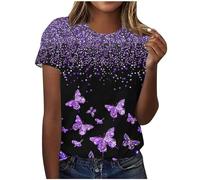 Camisetas Manga Corta Mujer De Cuello Redondo Camisa De Concientización para Mujer, Camisetas De Manga Corta Florales con Cinta Morada Camiseta Confort Elegante Mujer