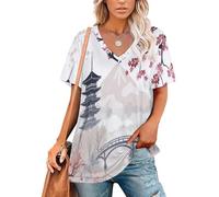Camisetas Manga Corta Mujer Estilo Zen Japonés Camiseta Básica Cuello en V Floración De Cerezos En Pagoda Elástica y Ligera Verano Suelto Tops Elegante Básica Blusas