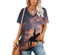 Camisetas Manga Corta Mujer Paisaje De Rancho del Oeste Camiseta Básica Cuello en V Silueta De Jinete Vaquero Elástica y Ligera Verano Suelto Tops Elegante Básica Blusas