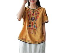 Camisetas Manga Corta Mujer,Talla Grande Algodón y Lino Camiseta Mujer de Media Manga Estilo Étnico Estampado Camisa Lino Mujer Casual Cuello Redondo Tops Mujer Verano Blusas Mujer Verano Rebajas