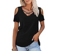 Camisetas Manga Corta Mujer Verano Camisa Cuello V Sin Tirantes Elegante Top Cuello Cruzado Color Sólido Casual Short Sleeve Shirt Clásica Básica Top Suelto T-Shirt Tops