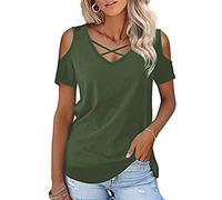 Camisetas Manga Corta Mujer Verano Camisa Cuello V Sin Tirantes Elegante Top Cuello Cruzado Color Sólido Casual Short Sleeve Shirt Clásica Básica Top Suelto T-Shirt Tops