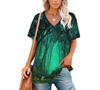 Camisetas Manga Corta Mujer Vista Nocturna De Ensueño del Bosque Camiseta Básica Cuello en V Bosque De Cuentos De Hadas De Luciérnagas Elástica y Ligera Verano Suelto Tops Elegante Básica Blusas