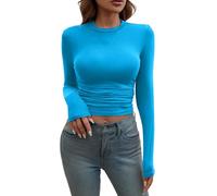 Camisetas Manga Corta Mujer,Women's Long Sleeve Shirts Crew Neck Slim Fit Going out Tops Basic Tees Barely There Camisa Vaquera (BU3, XL),
