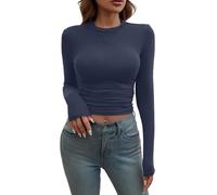Camisetas Manga Corta Mujer,Women's Long Sleeve Shirts Crew Neck Slim Fit Going out Tops Basic Tees Barely There Camisa Vaquera (BU2, M),